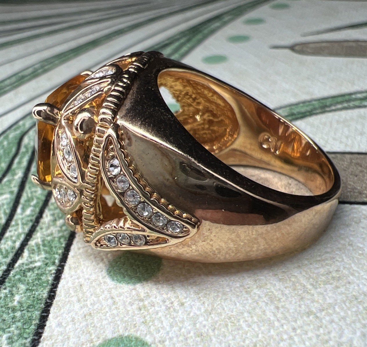 HSN Doris Panos Statement Ring Size: 8.75 Dark Yellow & Clear Crystal Gold Plate