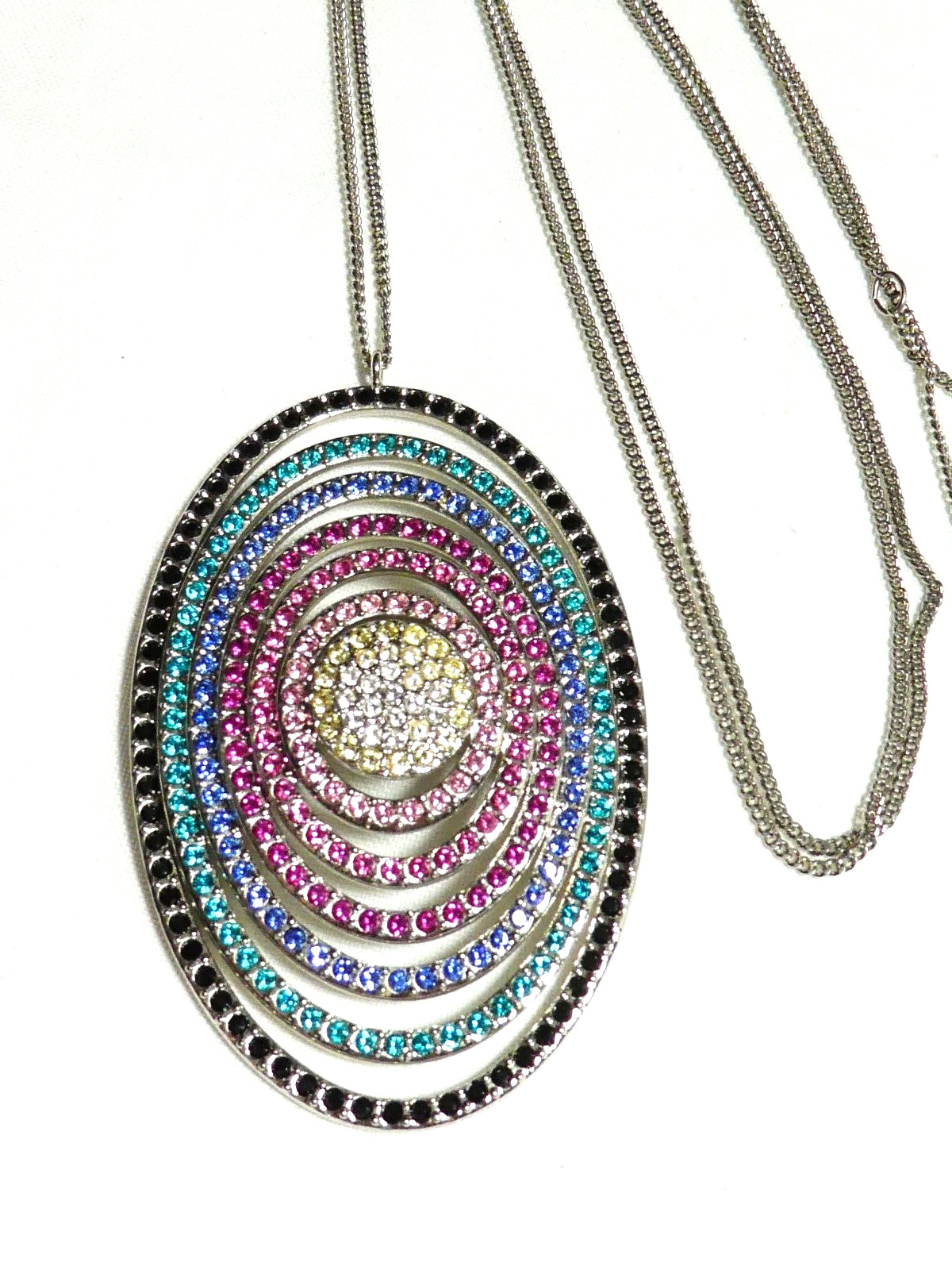 Swarovski Palladium Plated Large Oval Rainbow Crystal Studded Pendant NECKLACE