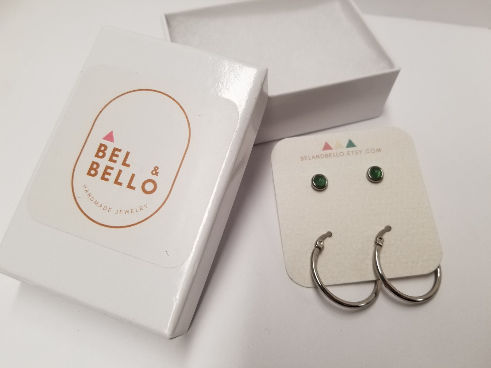 Bel & Bello Semi-Precious Green Jade 316L Surgical Steel Stud & Hoop Earrings