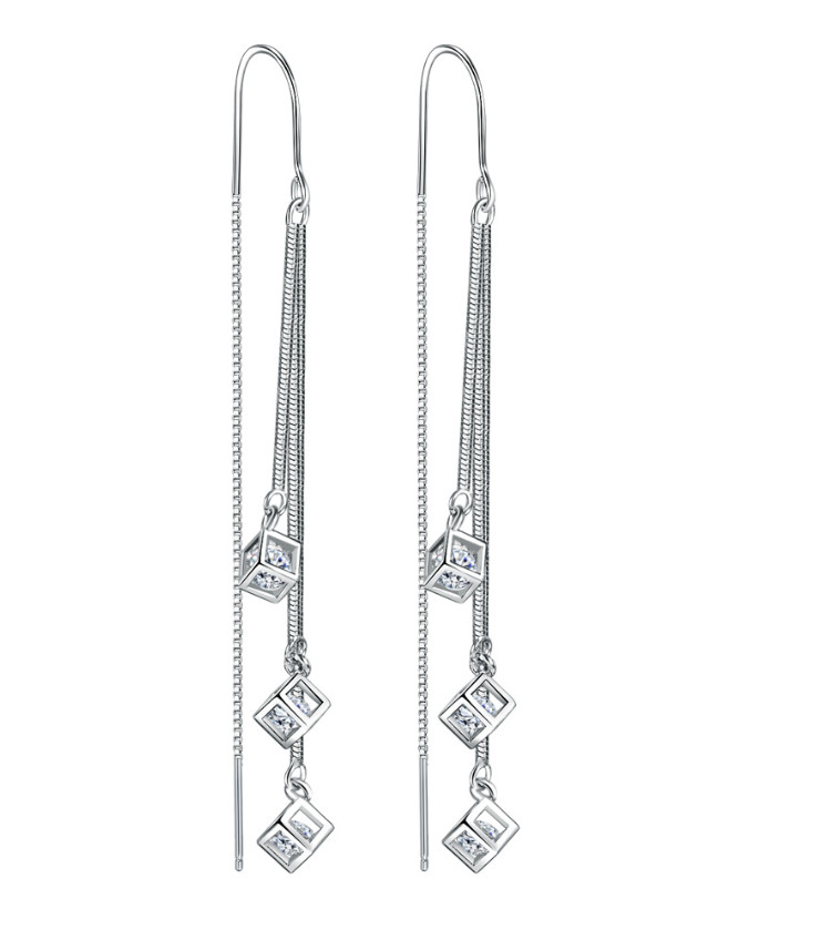 925 Silver Plated Square CZ Ear Chain Thread Pull Through Threader Earrings TH5