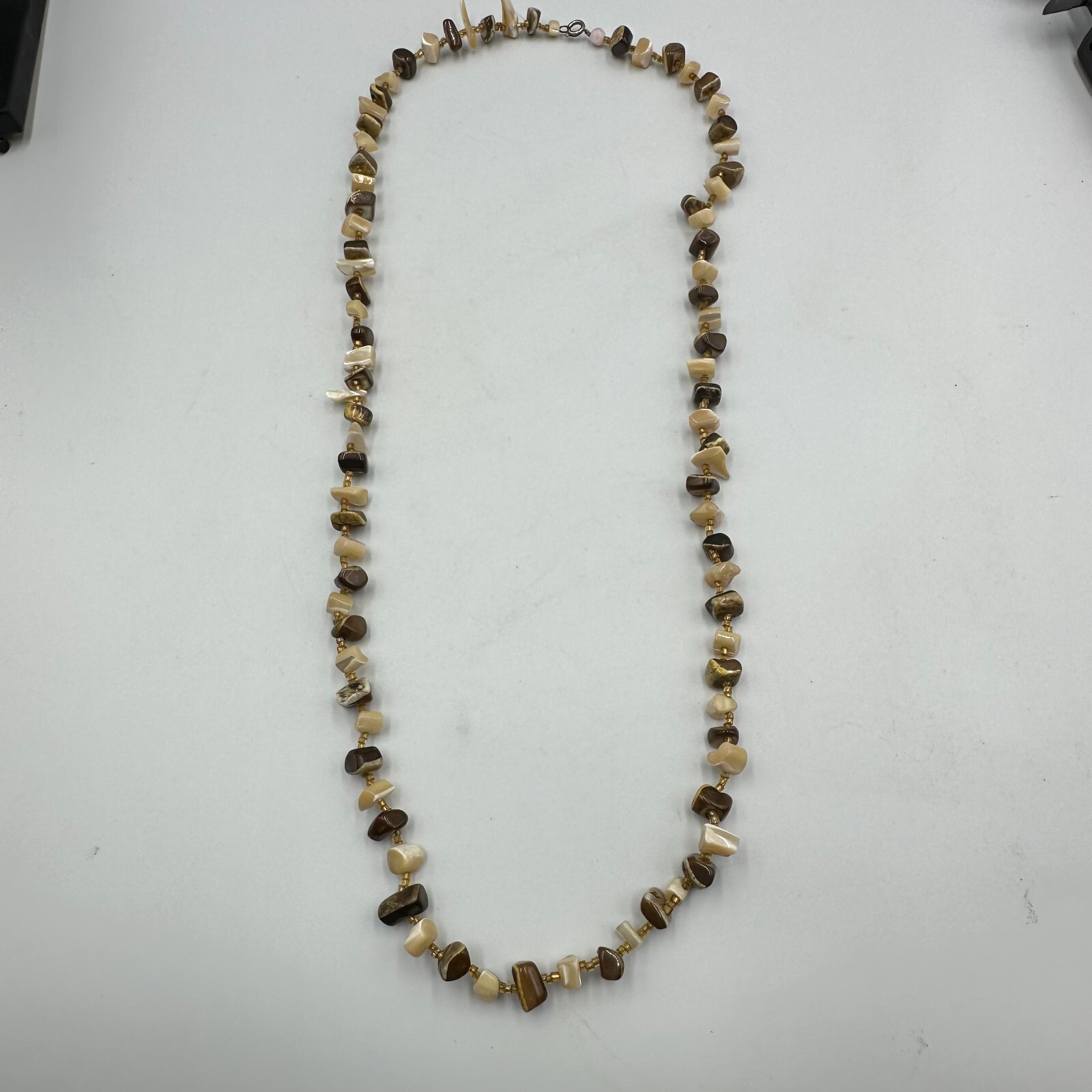 Neutral Tone Chip Bead Necklace Brown Beige Shell Look Single Strand Natural 28″