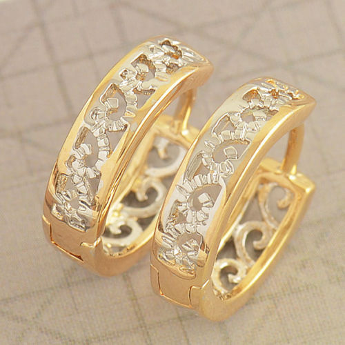 New 14K Yellow & White Gold Filled 2-Tone Openwork Scroll Design Hoop Earrings