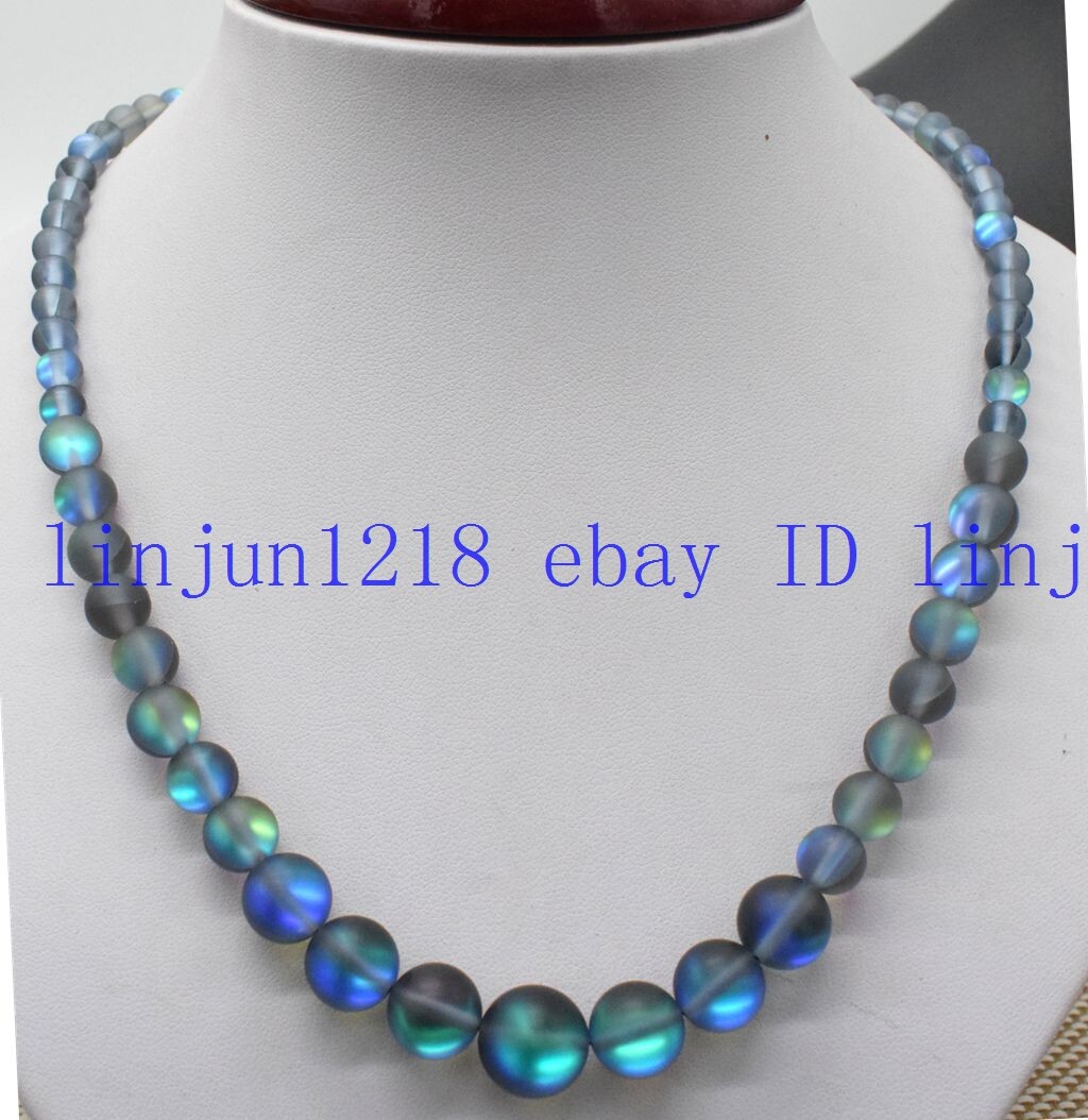6-12mm gray Gleamy Rainbow Moonstone Round Gemstone Necklace18”925 Silver Clasp