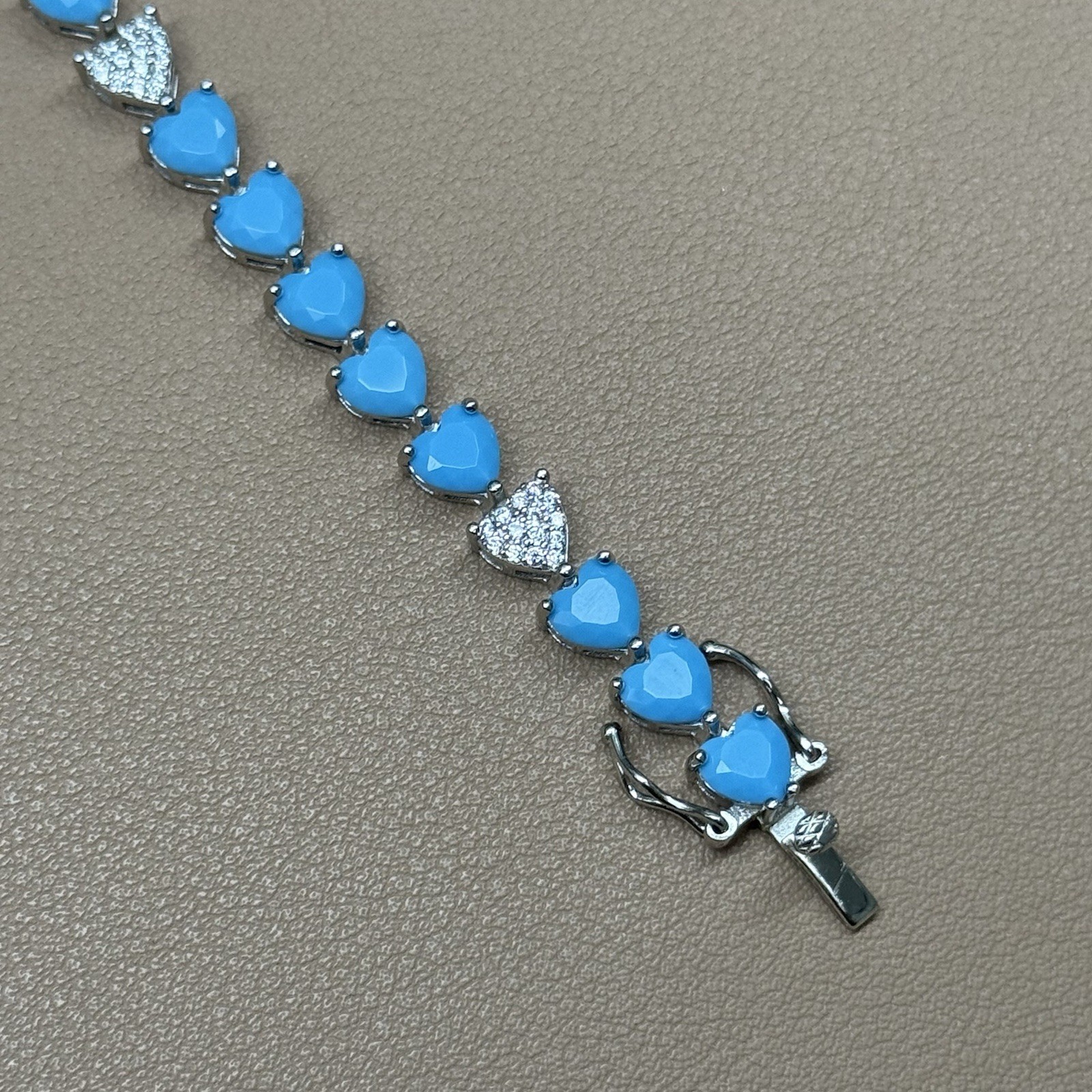 925 Sterling Silver Lab Turquoise CZ Heart Tennis Bracelet 13g 6.75” 6.7mm