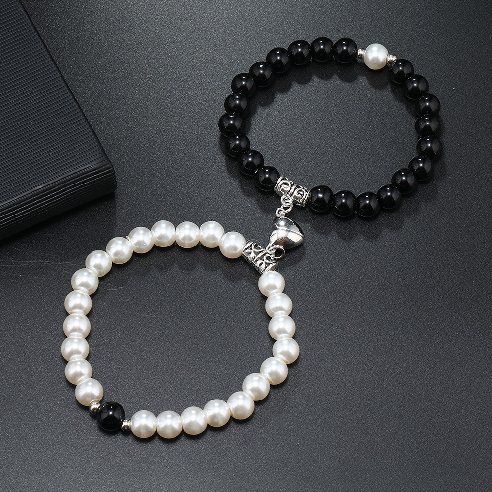2 Pcs Beaded Heart Magnet Couples Bracelets Elastic Glass Jewelry