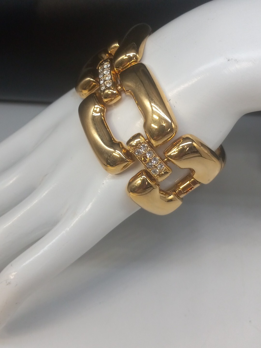 Rare BOLD ELEGANCE Gold Plated Crystals Wide Open Square Chain Link Bracelet