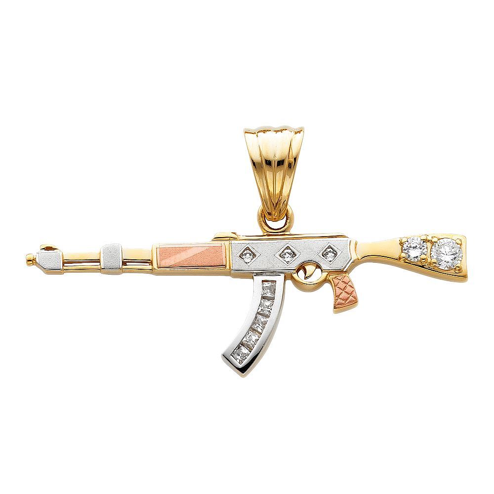 14K Tri Tone Gold CZ Rifle Gun Charm Pendant & 4.9mm Hollow Cuban Chain Necklace
