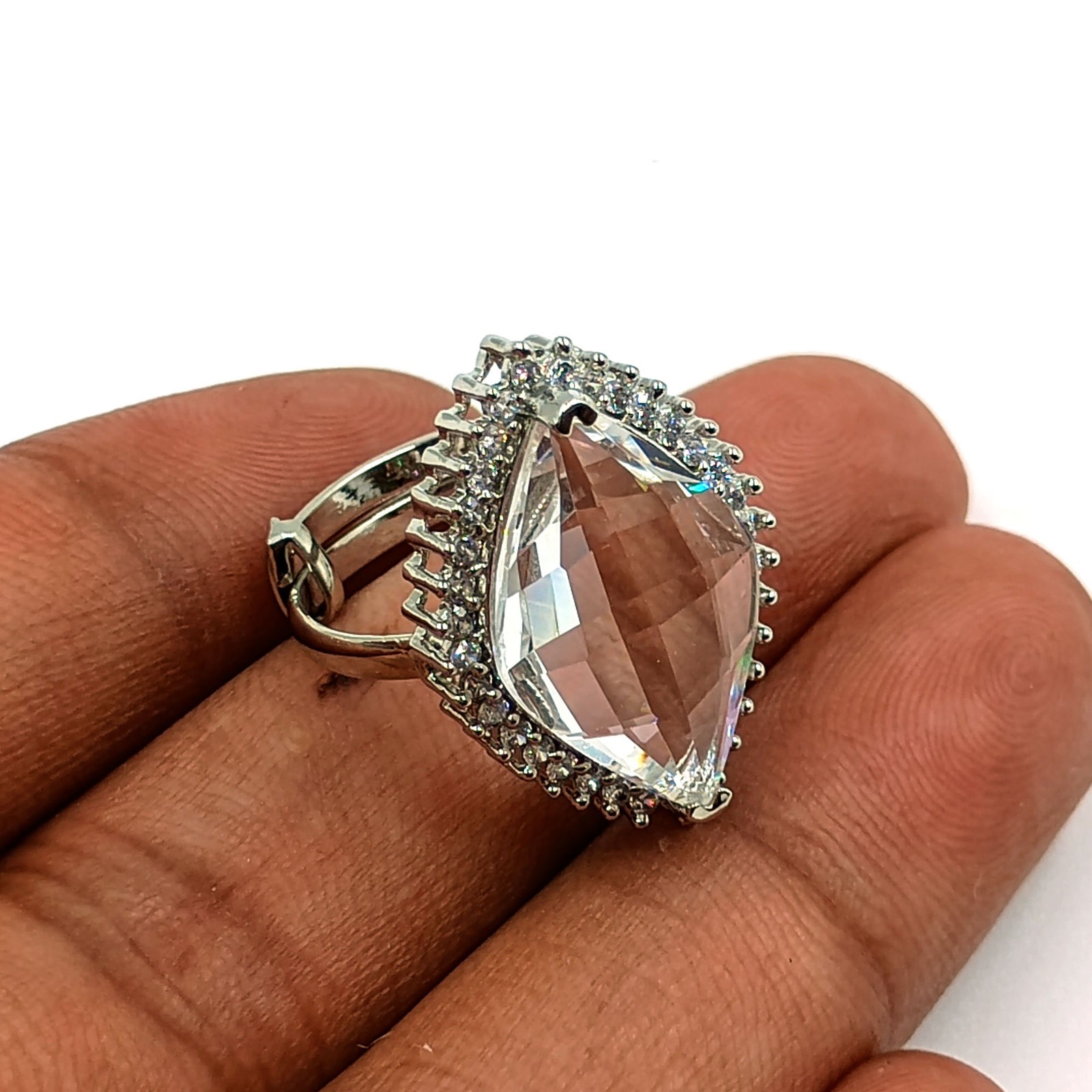 Elegant Marquise CZ Ring White Crystal Stone Adjustable Silver Tone Band Gift