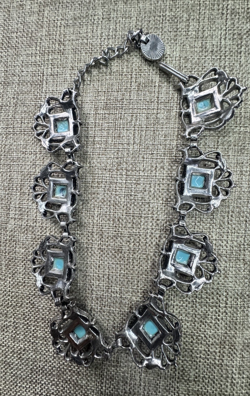 Vtg Silver Tone Statement Link Necklace faux Square turquoise Bezel Set