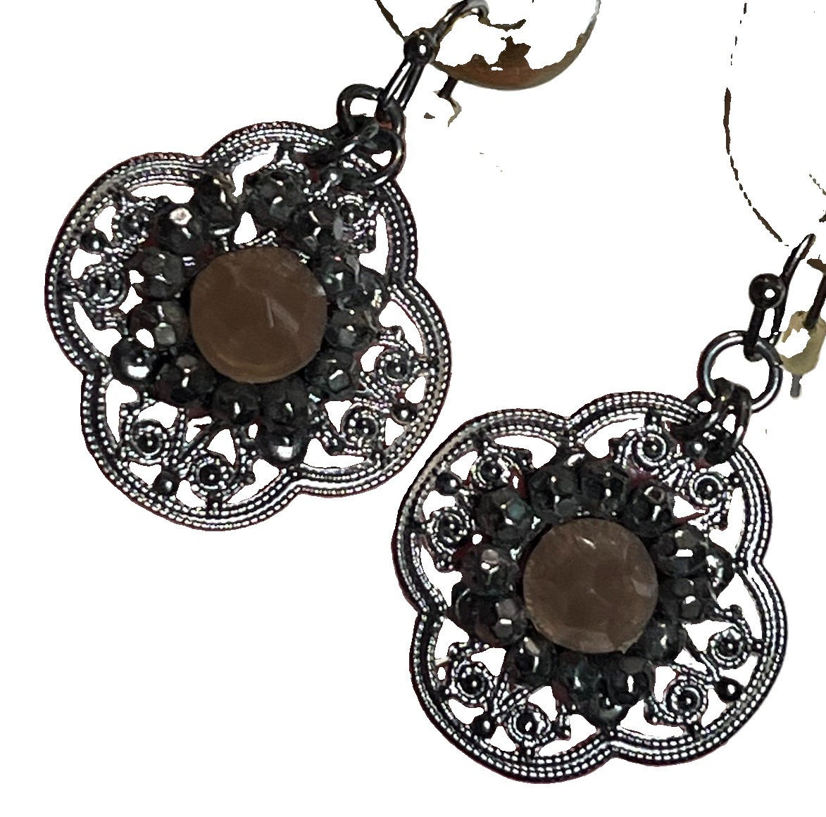 Gunmetal Tone Filigree Medallion Earrings Pendant Dangle Drop Pink & Gray Stones