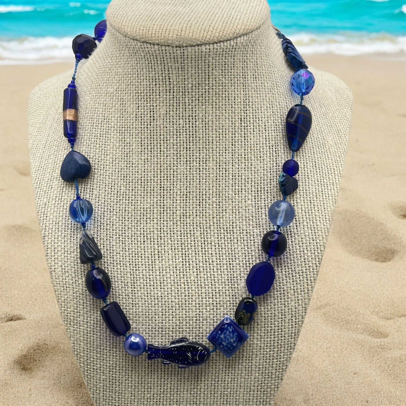 Vintage Royal Blue Beaded Fish Necklace Beach Sea Life