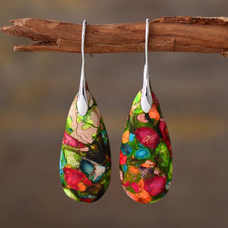 Natural Floral Jasper Teardrop Dangle Earrings Healing Stone Drop Earrings Gift