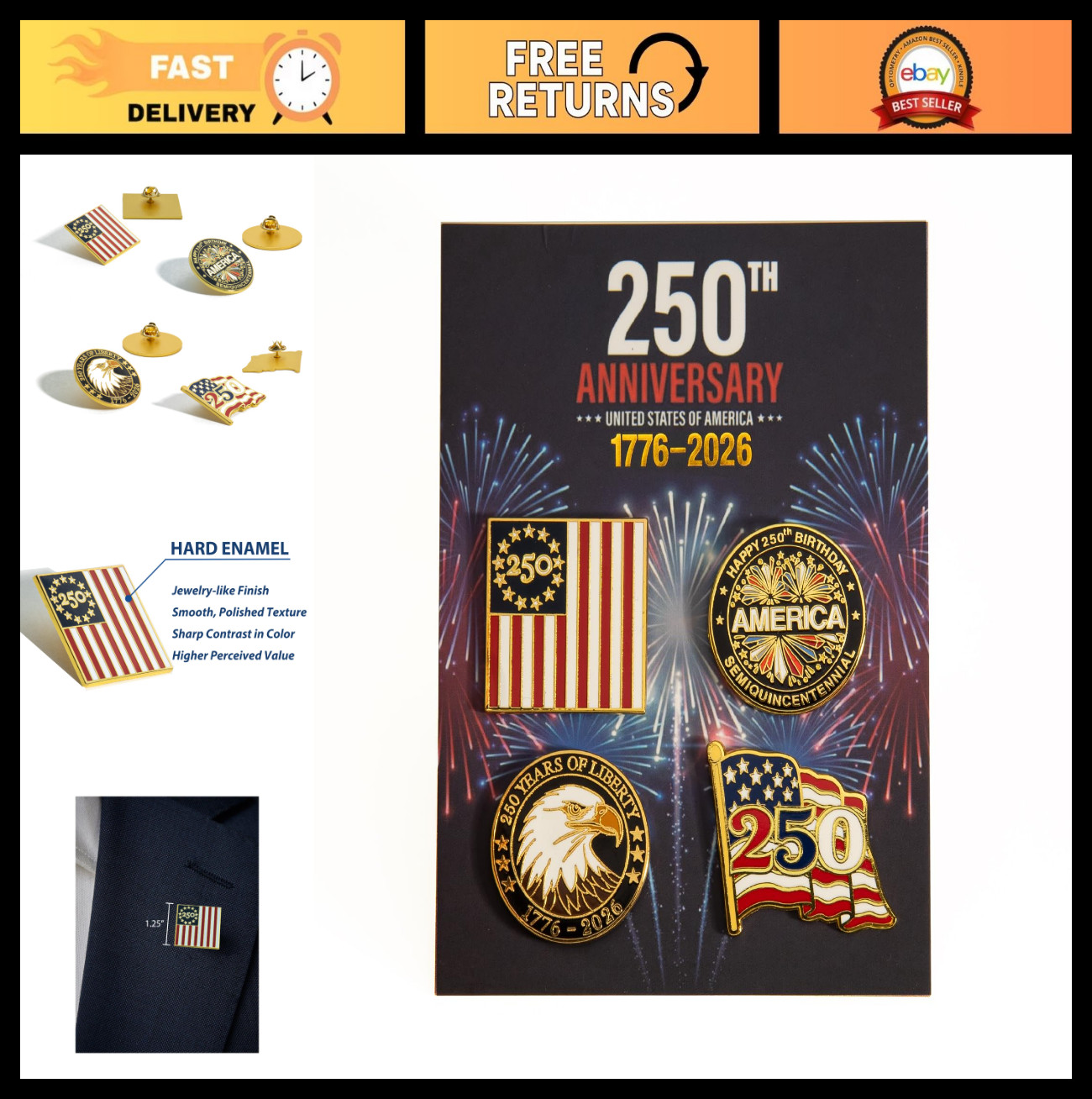 250th Anniversary Enamel Pins Set – Patriotic 1.25″ Hard Enamel Lapel Badges, Ju