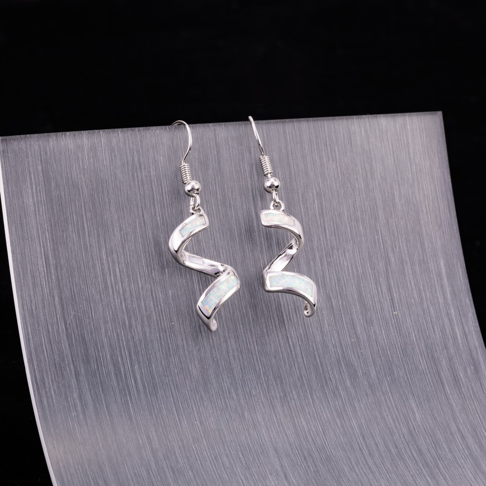 Twist Spiral White Fire Opal Silver Jewelry Dangle Drop Earrings