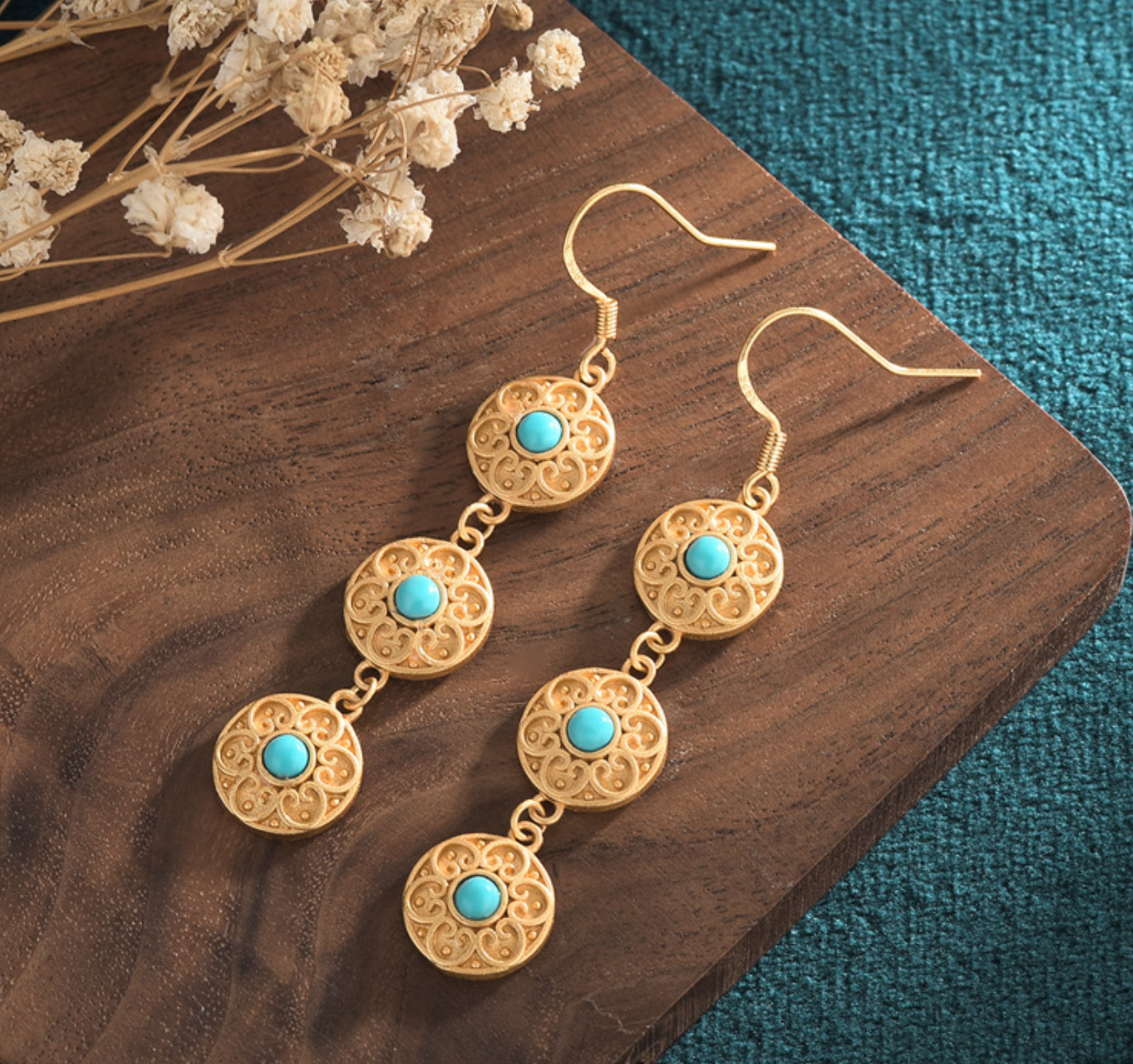 Natural Turquoise Bohemian Drop Dangle Earrings Gemstone Hook 18K Gold Plated