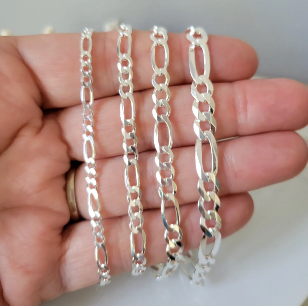 925 Sterling Silver Figaro Necklace Heavy SP Solid Link Chain 18-24″