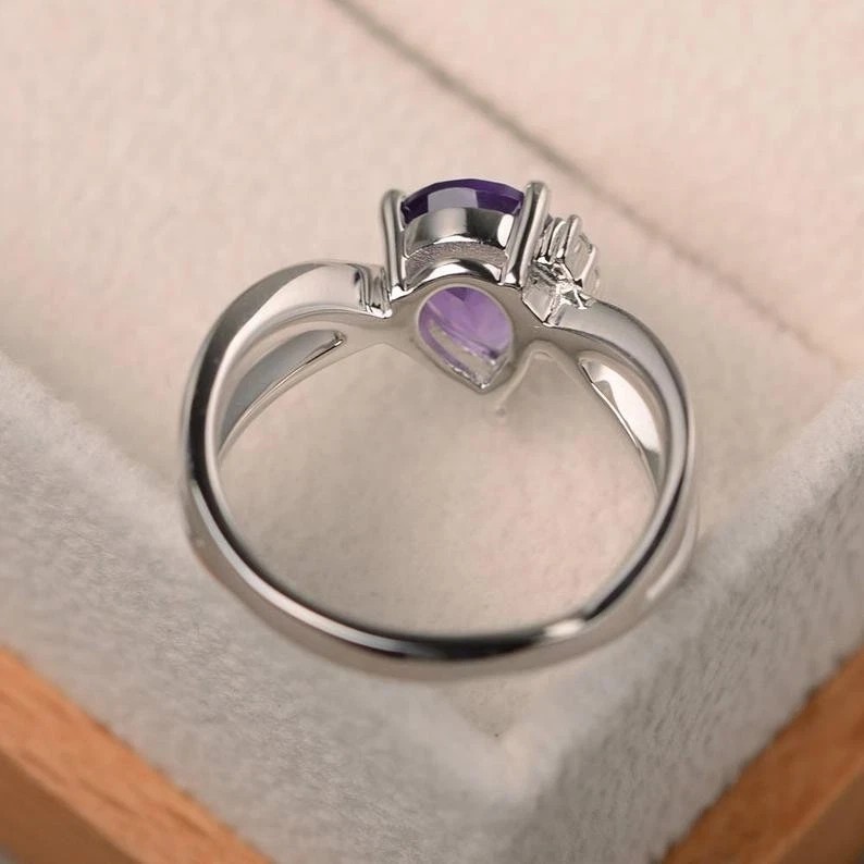2.30Ct Pear Cut Simulated Amethyst Wedding Stunning Ring 14K White Gold Plated