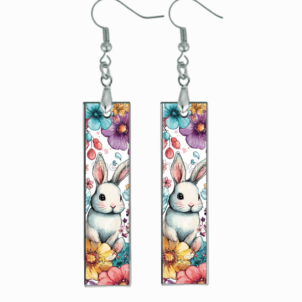 Floral Bunny Rabbit Dangle Bar Earrings Wood Handcrafted Easter Jewelry Gifts