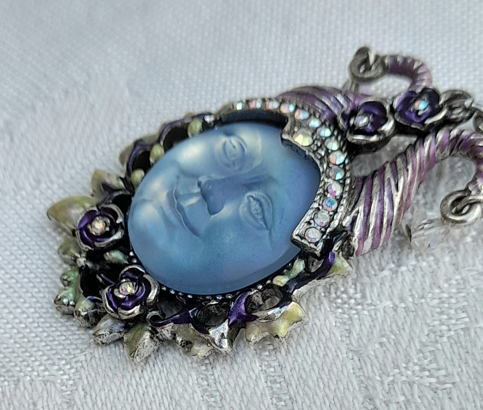 Kirks Folly Sea view Moon Face pendant necklace enamelled with ab stones signed