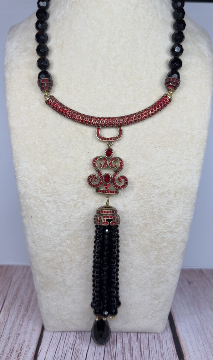 Heidi Daus “Black And Red Vibtage Tassle Necklace” Signed
