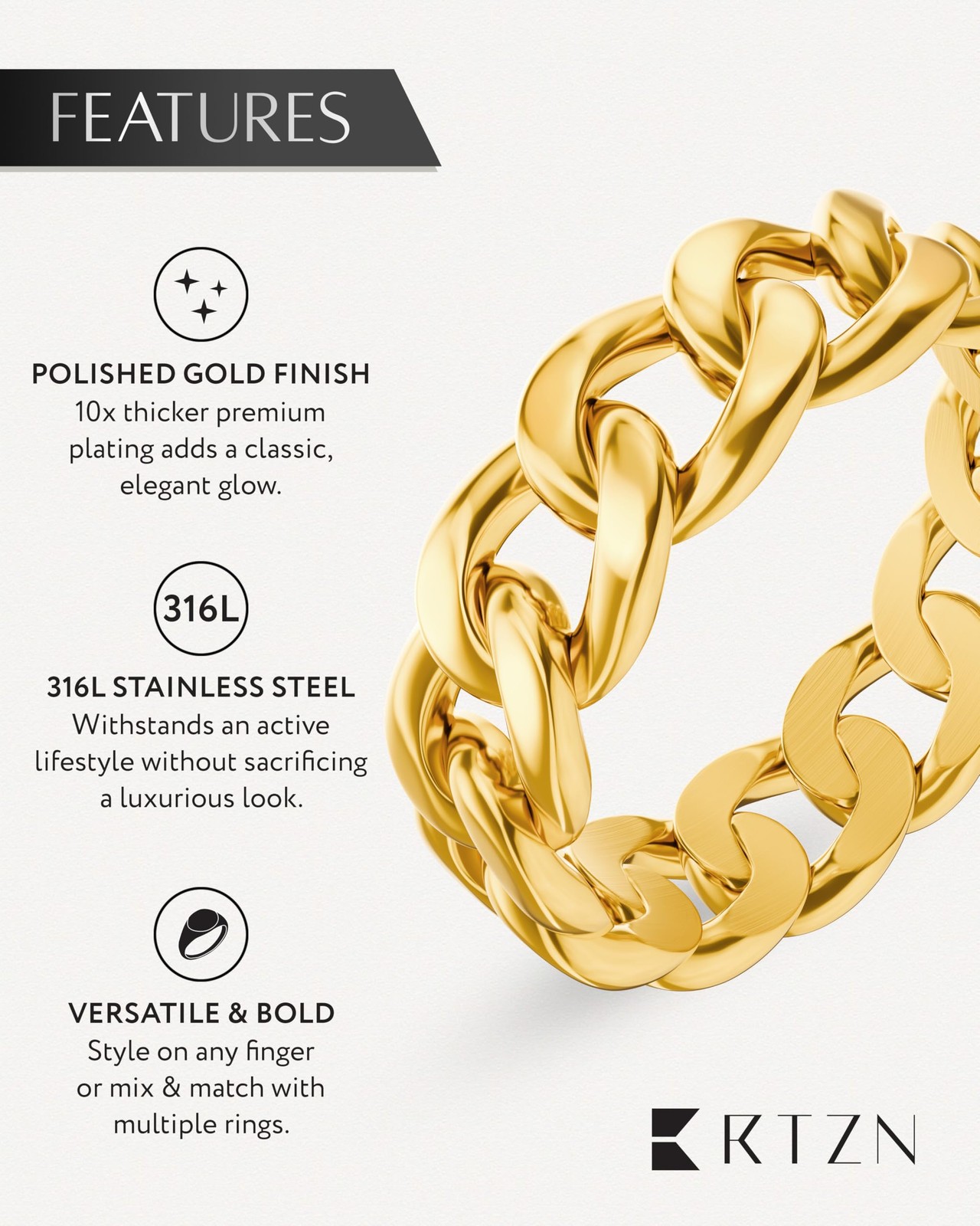 ® Cuban Link Ring for Men — Stainless Steel Gold Plated Chain Ring for Men & …