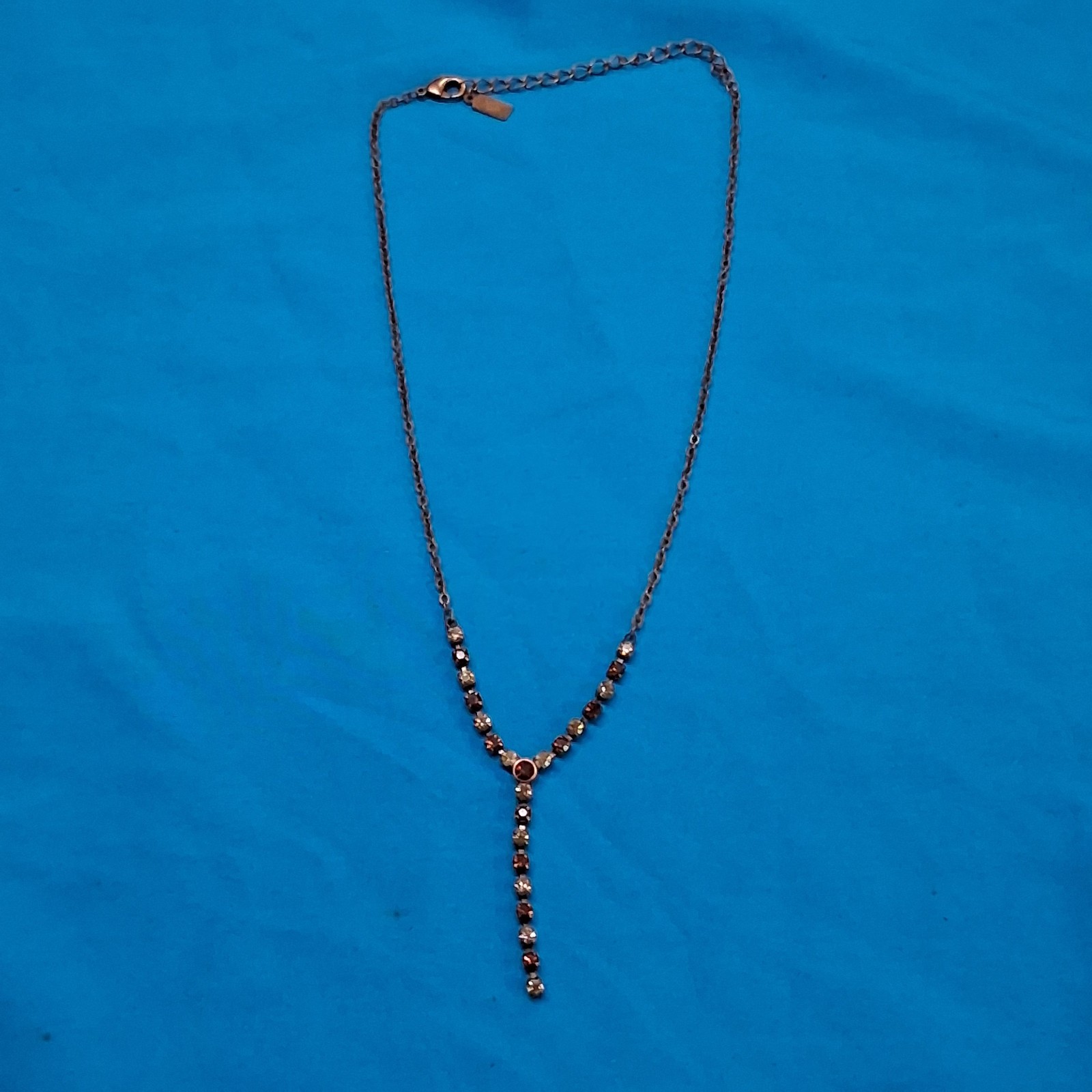 Vintage 1928 Branded Amber Tone Glass Rhinestone Y-Drop Pendant Copper Necklace