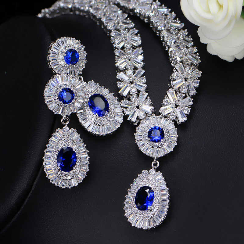 18k Gold CZ Snowflake Earrings Necklace for Brides Wedding Costume Jewelry Set