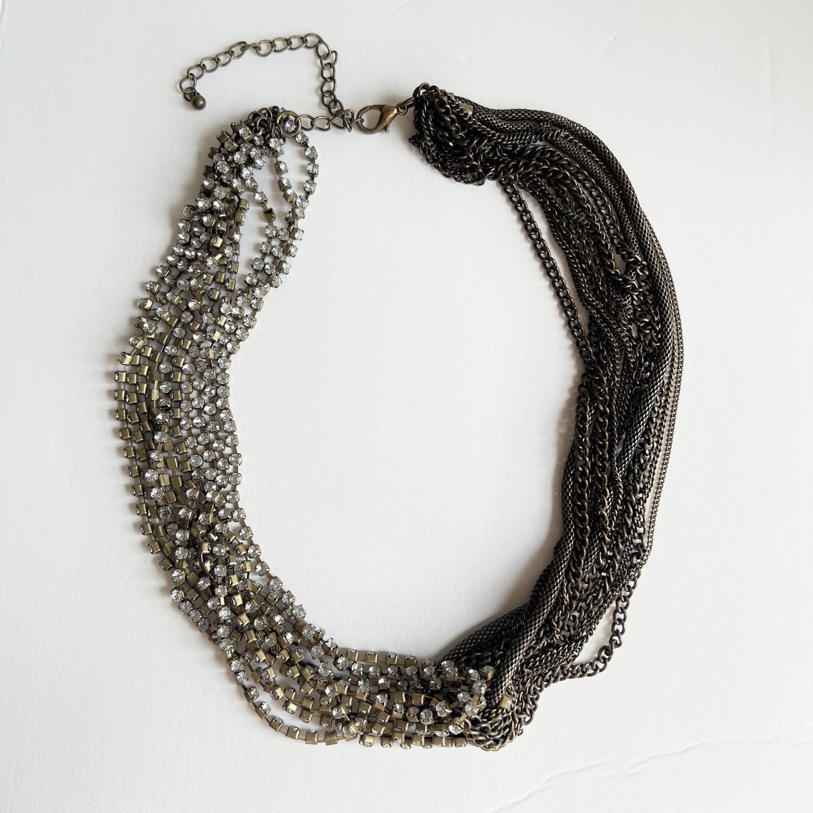 Multi layer chain rhinestone statement necklace brass gold