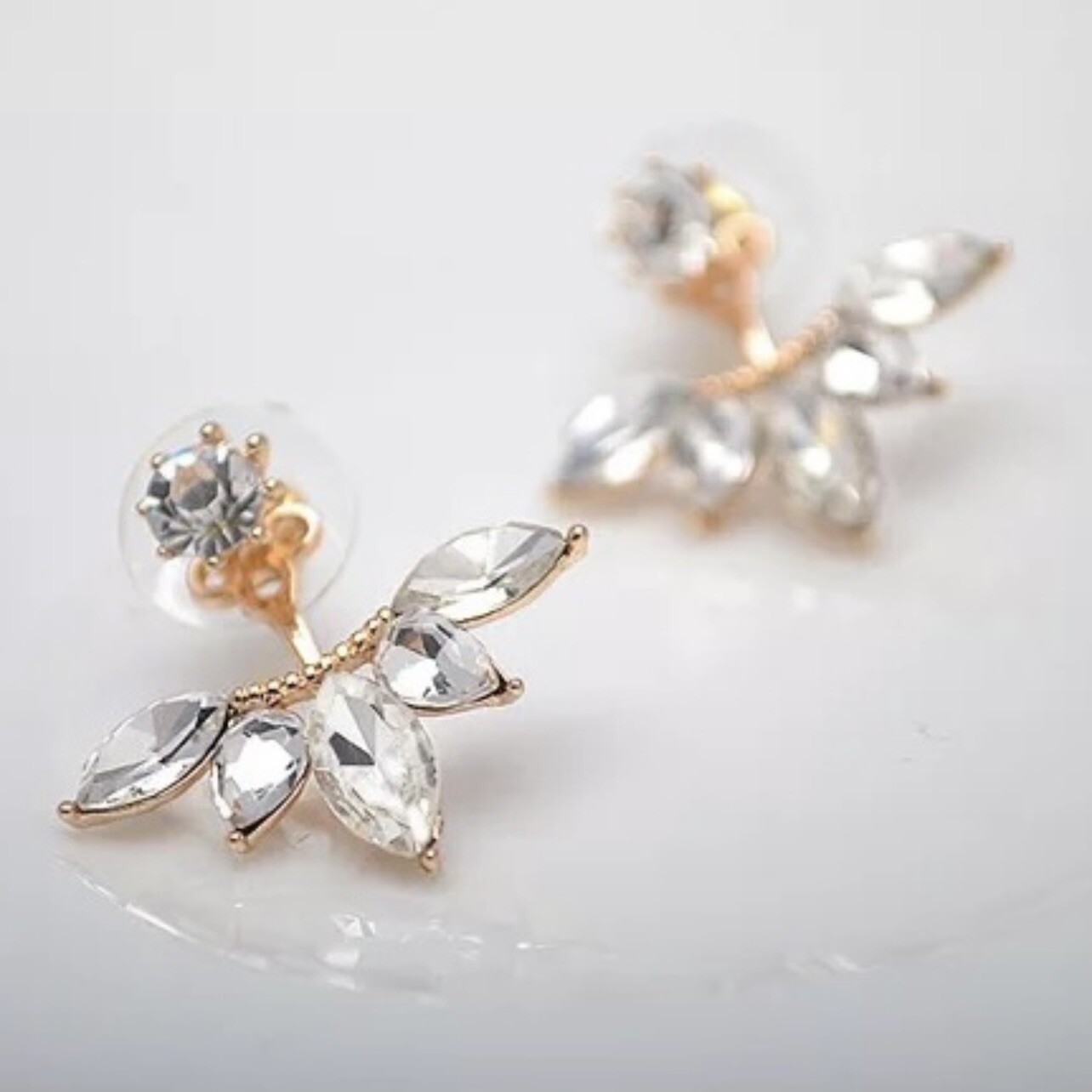 Ear Jackets Earrings Front Back Crystal Flower Gold Tone Fashion Jewelry
