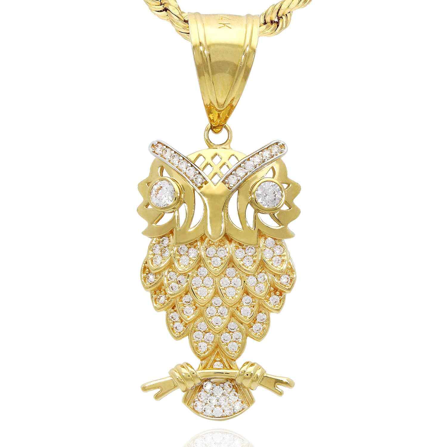 14K Yellow Gold CZ Pave Owl Charm Pendant