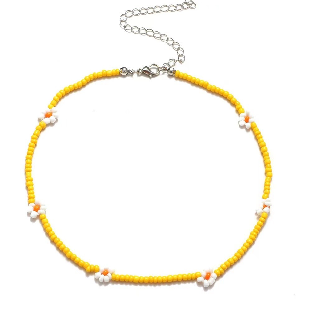 Bohemian Flower Yellow Beaded Choker Necklace Women’s Girl’s Jewelry Chain 20″