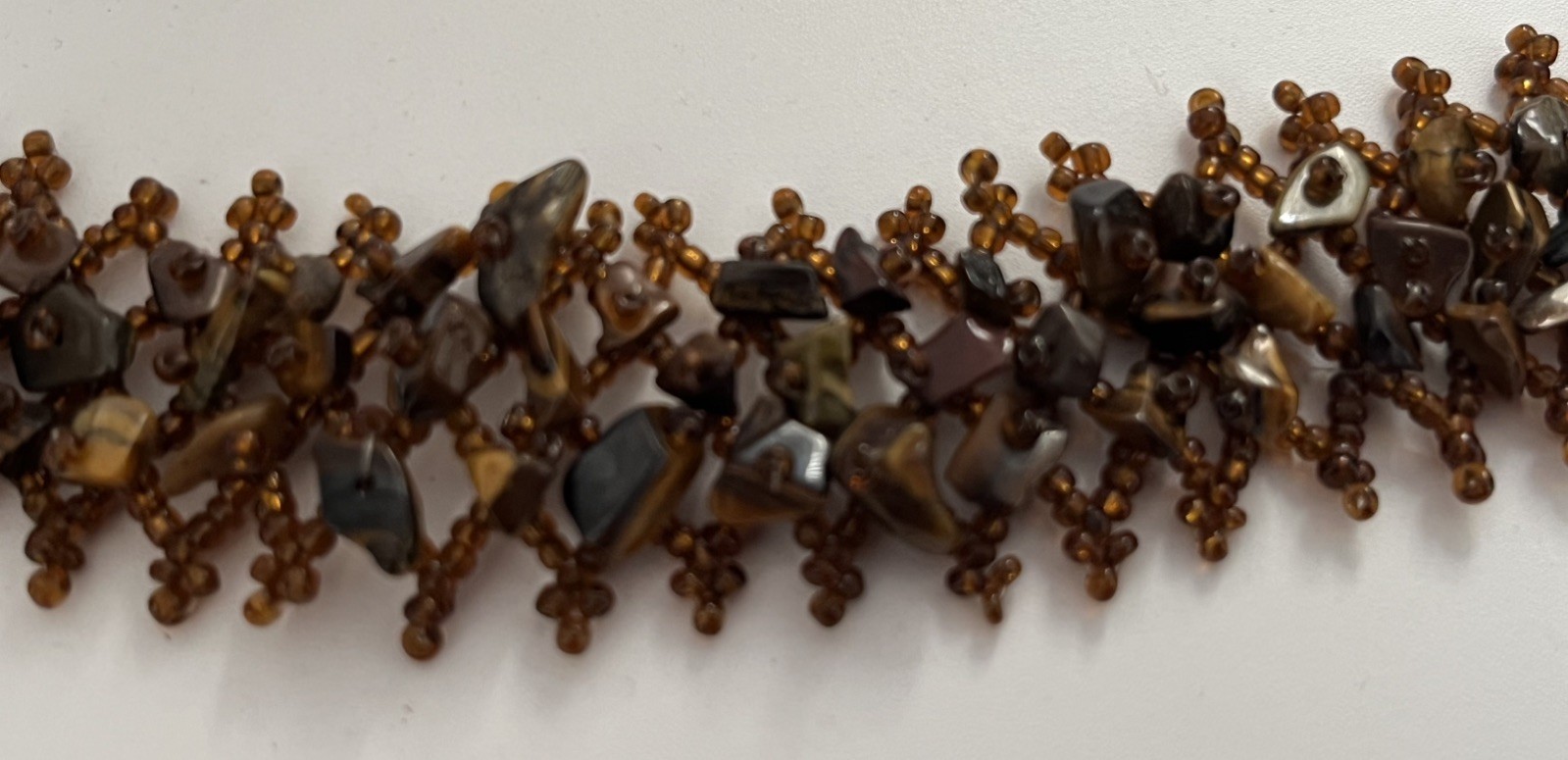 Tiger Eye Chips & Seed Beads Cuff Bracelet 7-3/8” 18.5cm when fastened