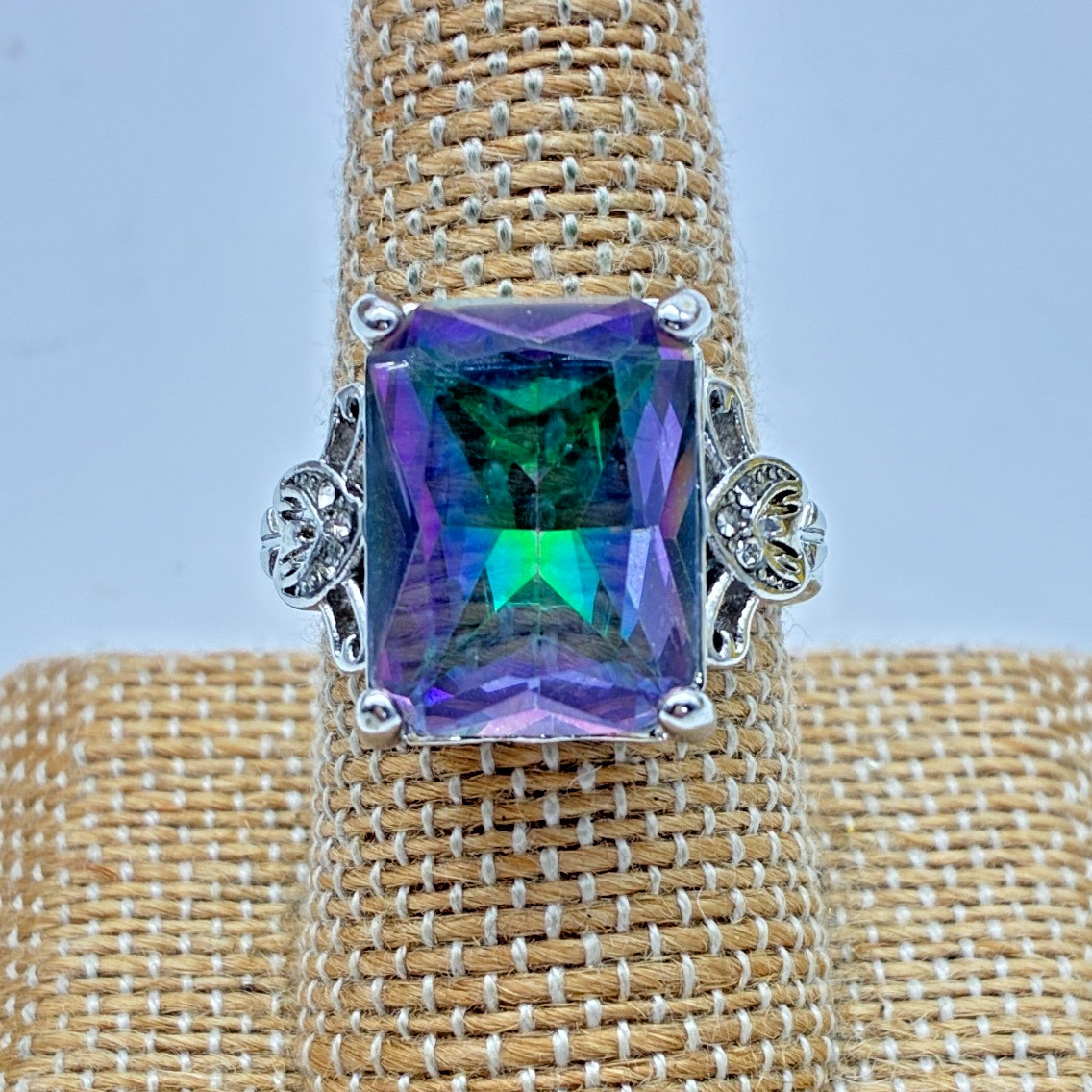 Aurora Borealis Crystal Cocktail Ring Silver Tone Filigree Statement Ring