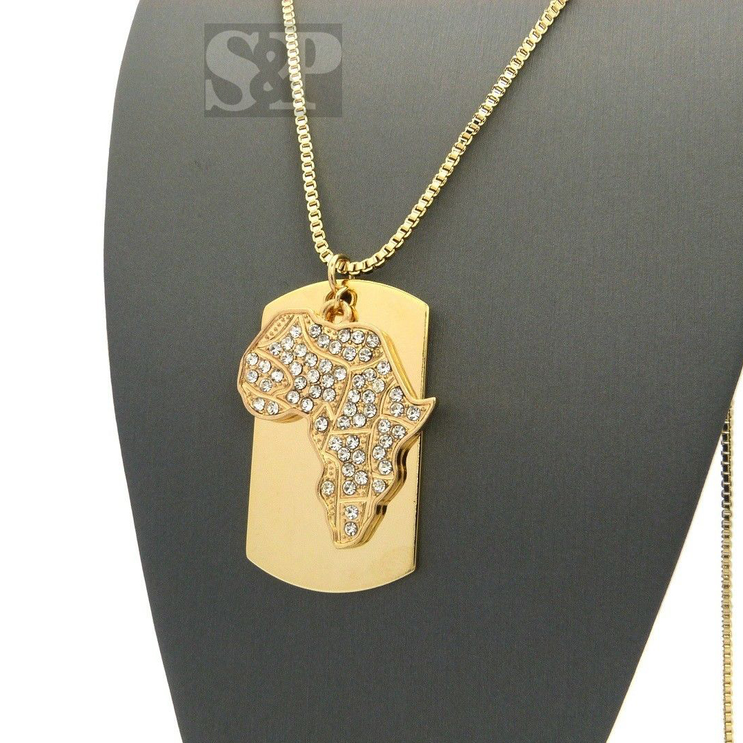 ICED AFRICA & DOG TAG PENDANT & 2mm 30″ BOX CHAIN HIP HOP NECKLACE SPRC305