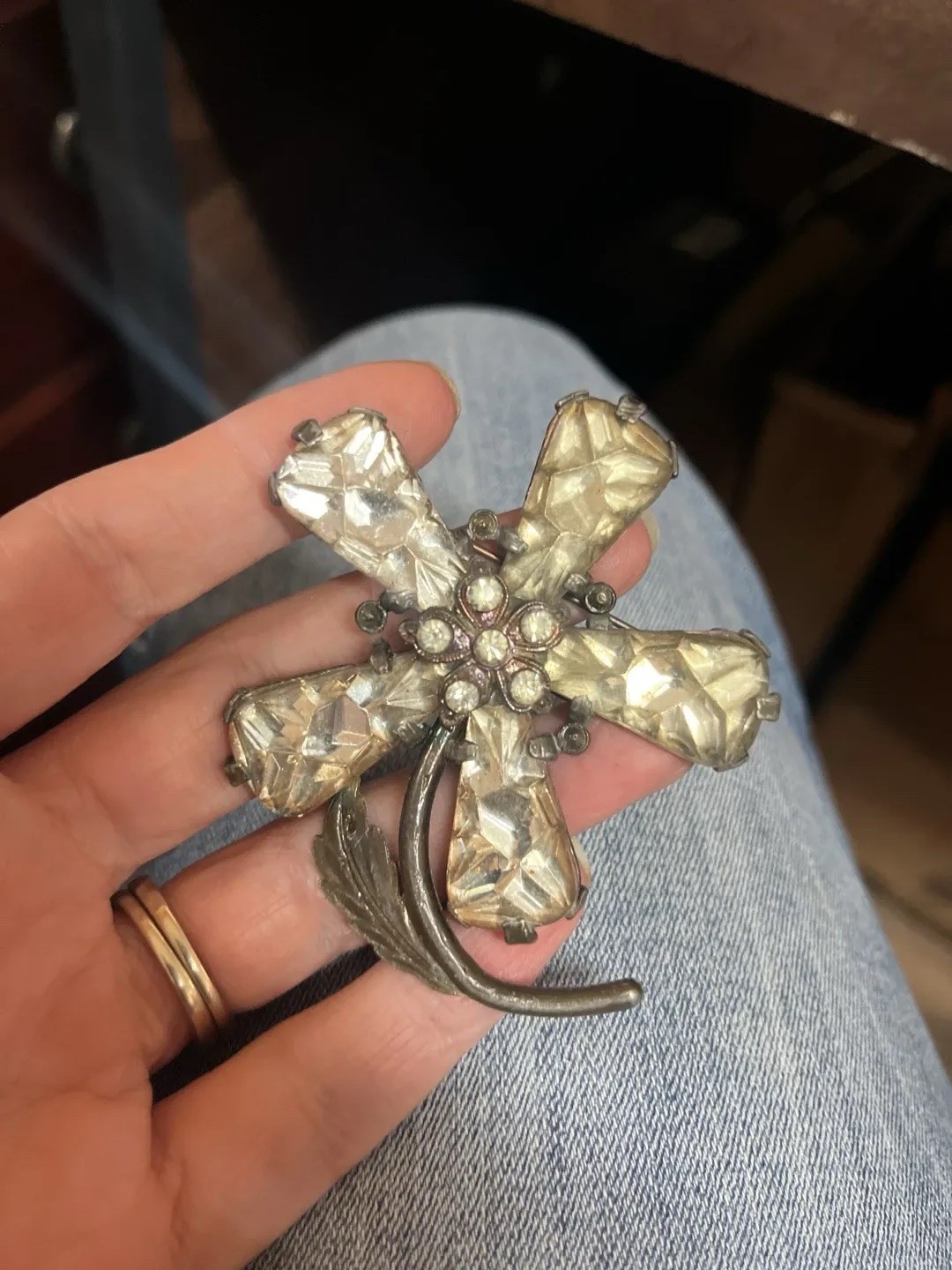 Silver Tone Flower Brooch Pin with Clear Rhinestones Cluster Setting