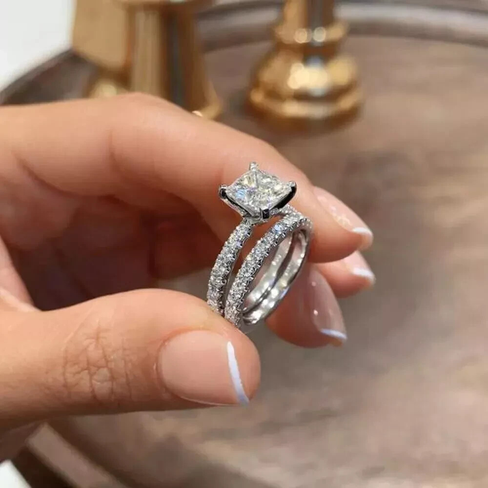 2.50CT Princes Cut Moissanite Bridal Set Engagement Ring 14K White Gold Plated