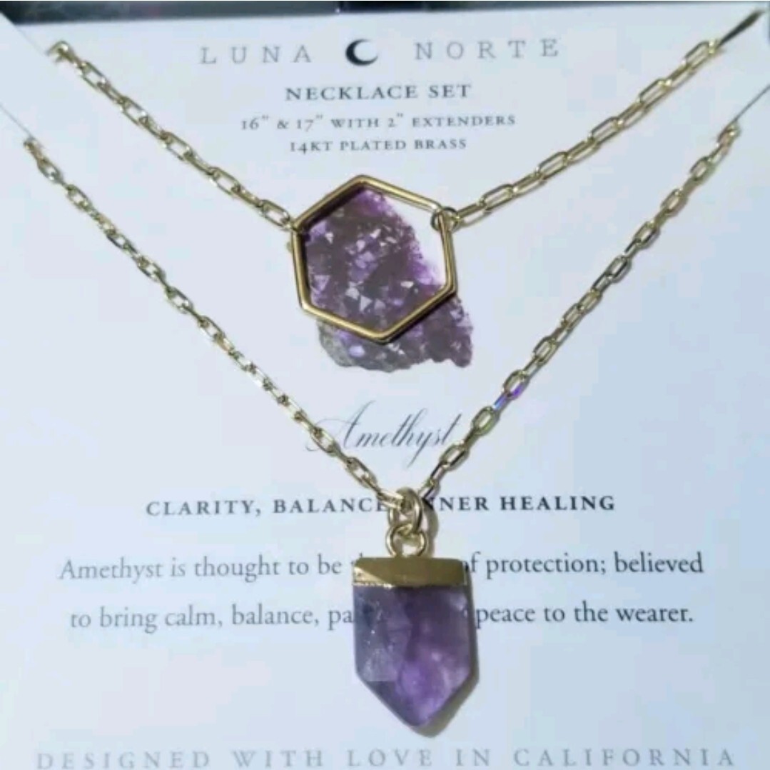 2 PC Luna Norte Moon Necklace Set14KT GOLD PLATED THE POWER TWO GENUINE AMETHYST