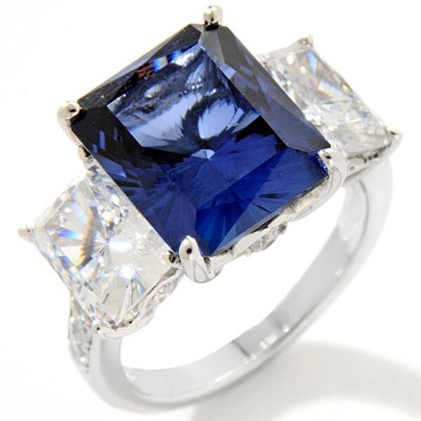 7 7/9 Ct Three Stone Simulated Blue Sapphire Ring 14K White Gold Plated