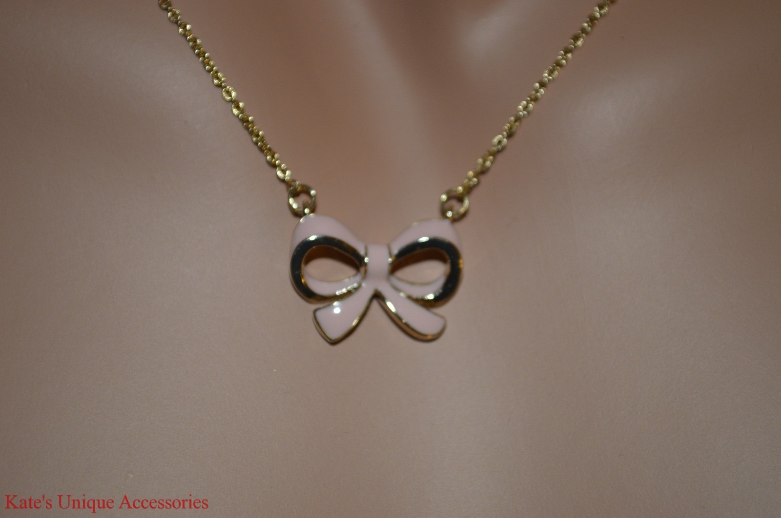 Lovely Gold Tone Chain & Pink Bow Tie Pendant Necklace Great Gift Idea For HER