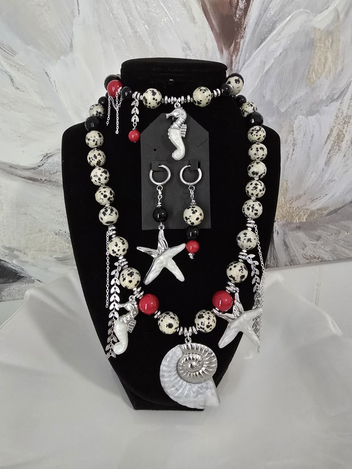 Sea Life Charm Beaded Jewelry Set Necklace Bracelet Earrings Silver/Red/Black