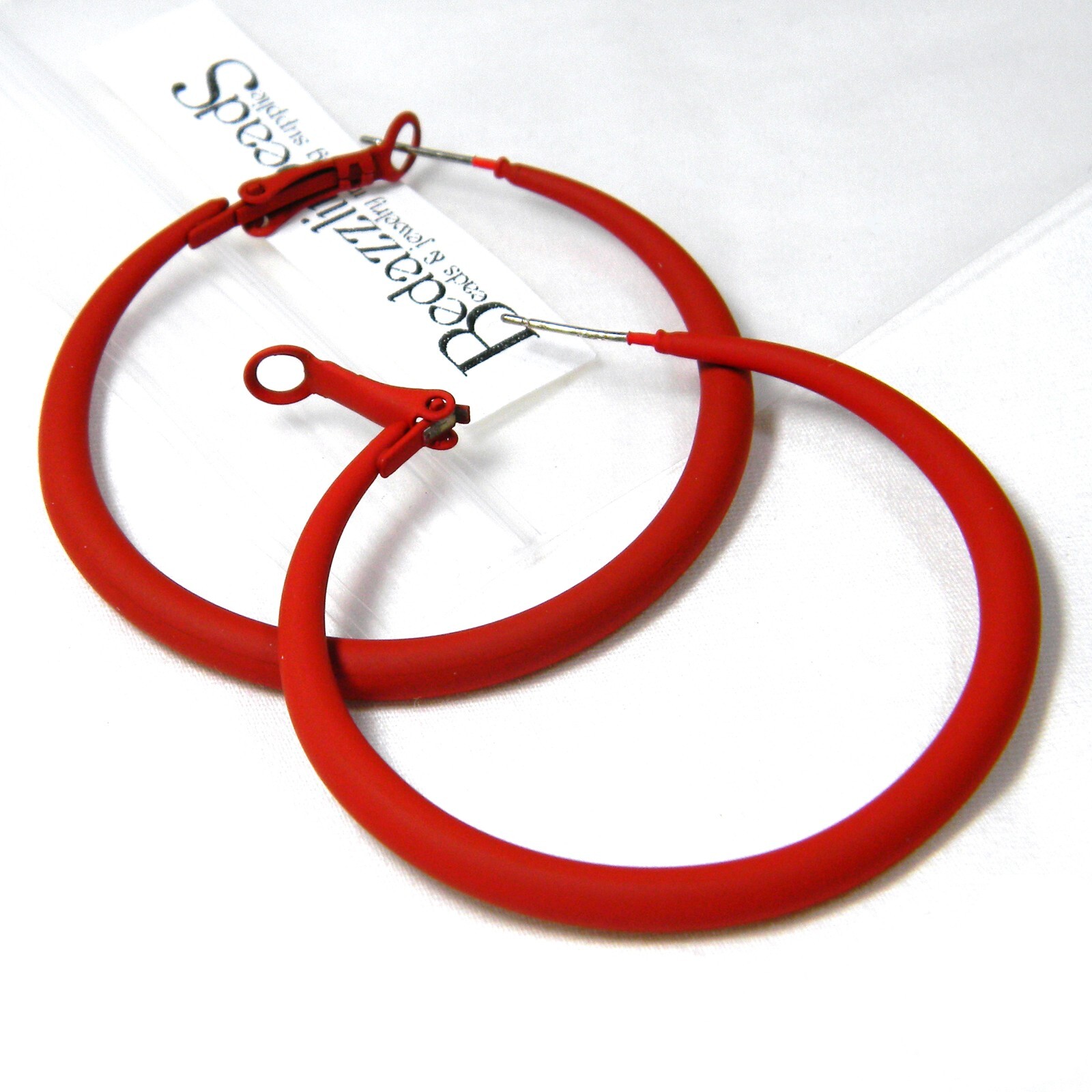 Pair of Big 2 inch Red Hoop Earrings with 925 Sterling Silver Post & Lever Back