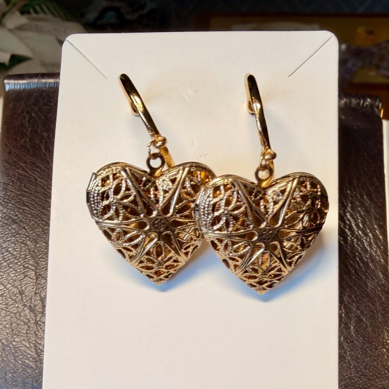 Gold Tone Heart Locket Hoop Earrings Filigree Dangle Romantic Statement