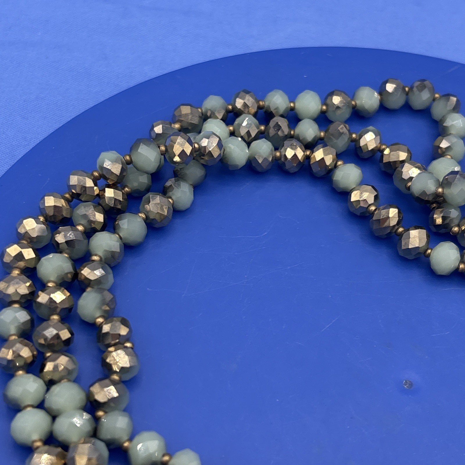 60” Faceted Glass Bead Necklace Metallic Gold Sage Green Long Wrap