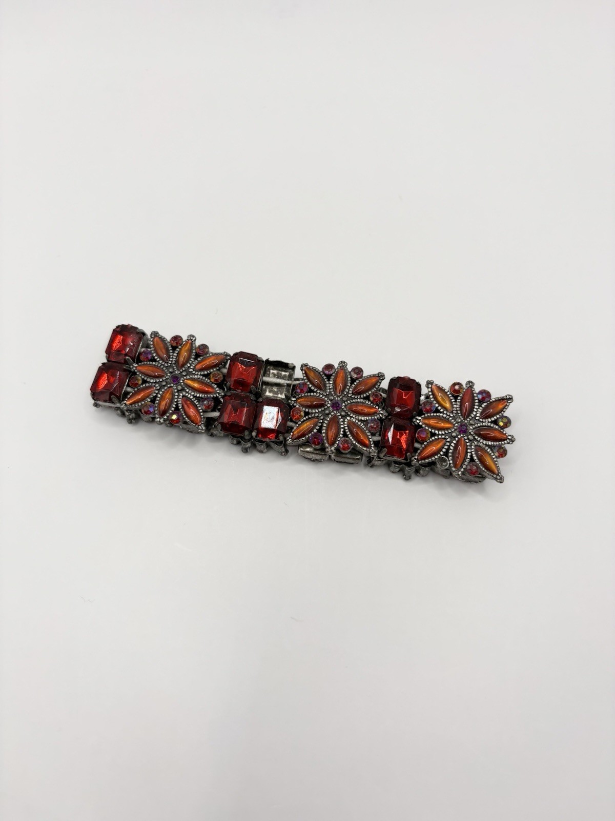 Red Rhinestone Flower Statement Stretch Bracelet, Prong Set Square Stones