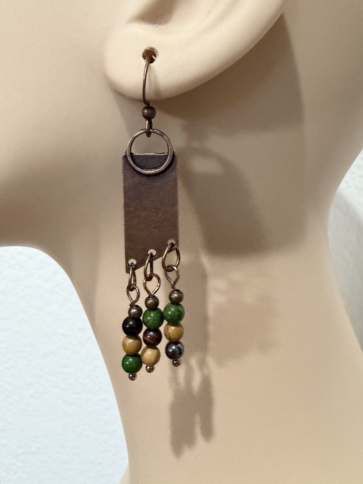 Brown/Green/Beige/Black Metal/Stone Rectangle Beaded Hook Earrings, 2.5 in