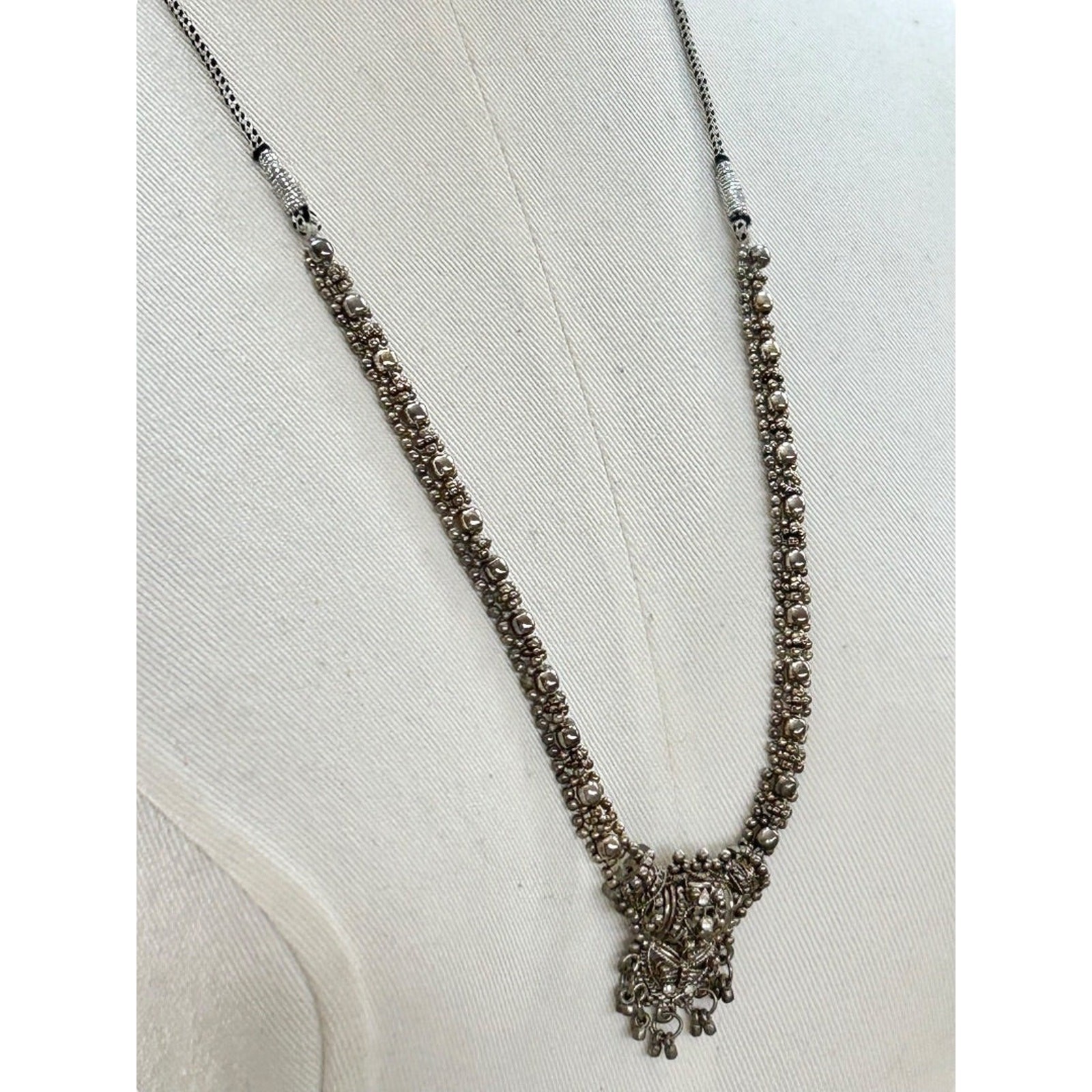 Slide Adjustable Overhead Silvertone Necklace Intricate Beading