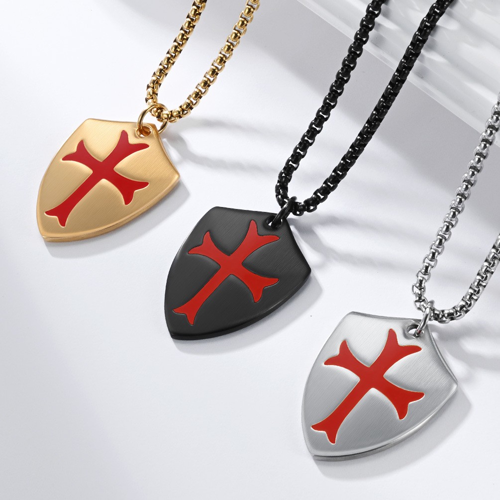 Stainless Steel Crusader Knights Templar Cross Shield Pendant Necklace For Men