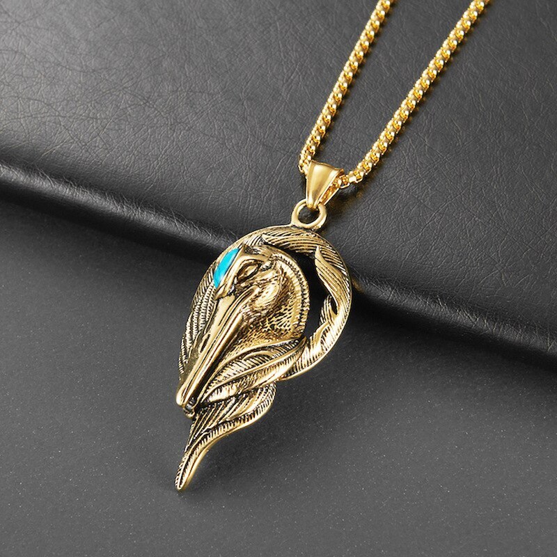 Turquoise Creative Stainless Steel Punk Crane Red Crowned Crane Pendant Necklace