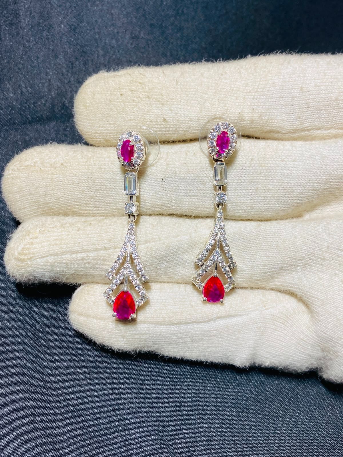 Silver Lab-Created Ruby CZ Drop Dangle Earrings Elegant Wedding Gift Women 4cm