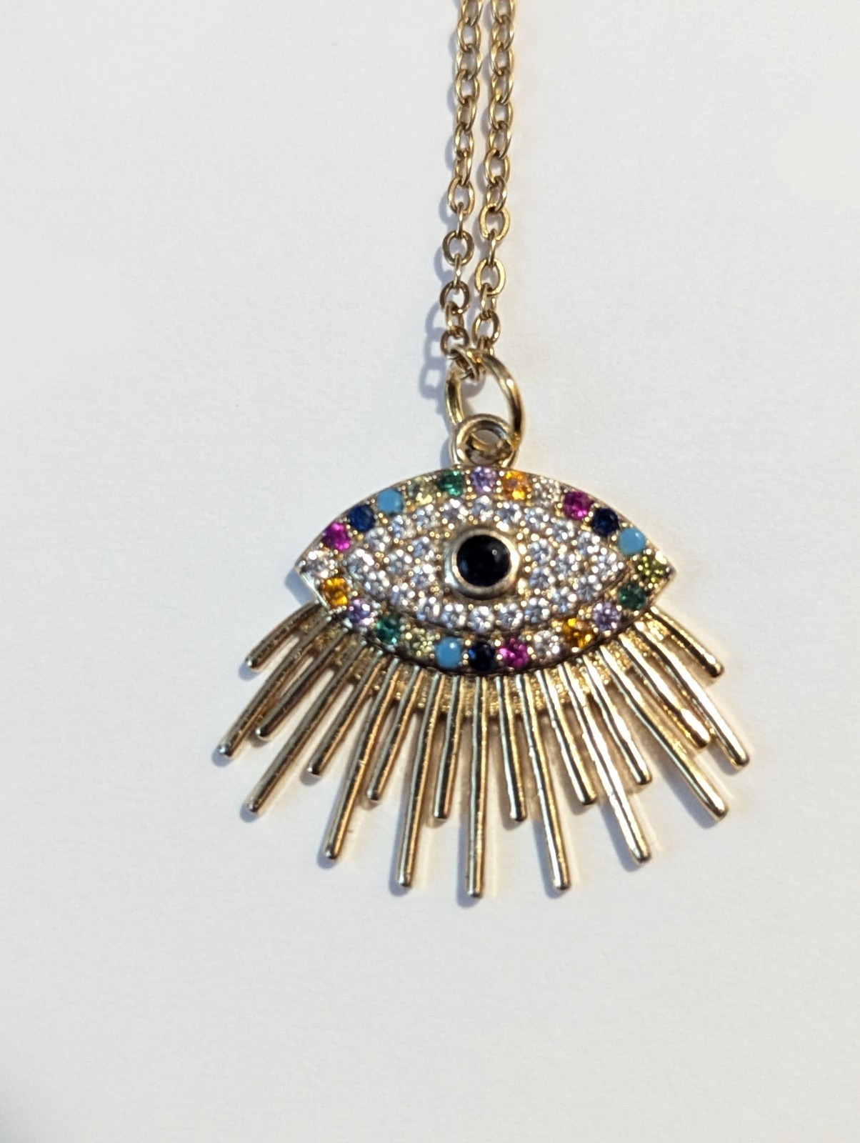 Gold Tone Cable Chain Necklace Multicolor Crystal Rhinestone Evil Eye Charm
